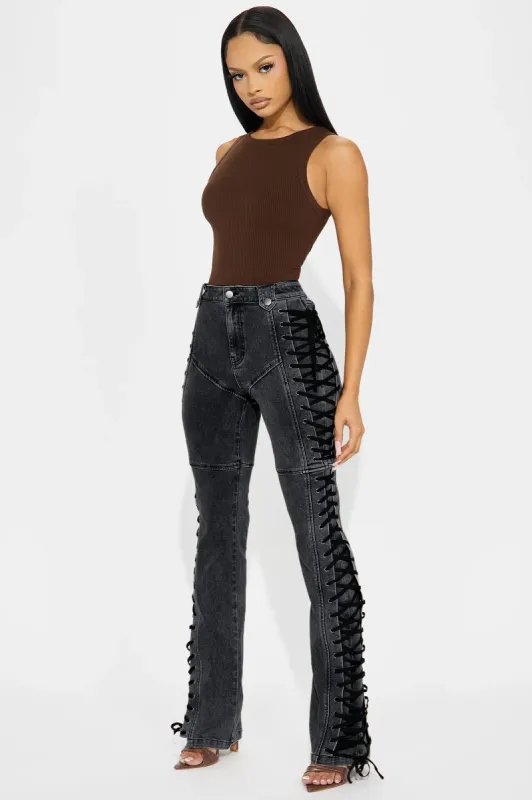 After Hours Lace Up Flare Pant - Black sold by Fashion Nova