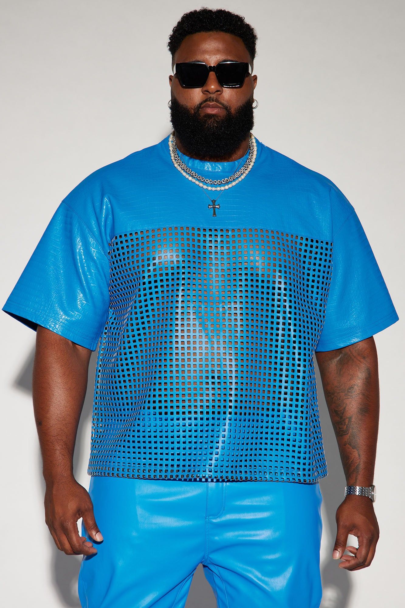 Gotta Run Faux Crocodile Leather Mesh Oversized Tee - Blue sold by Fashion Nova