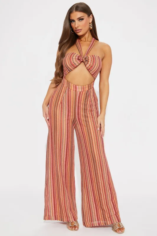 Latest Island Crochet Jumpsuit  - Orange/combo sold by Fashion Nova