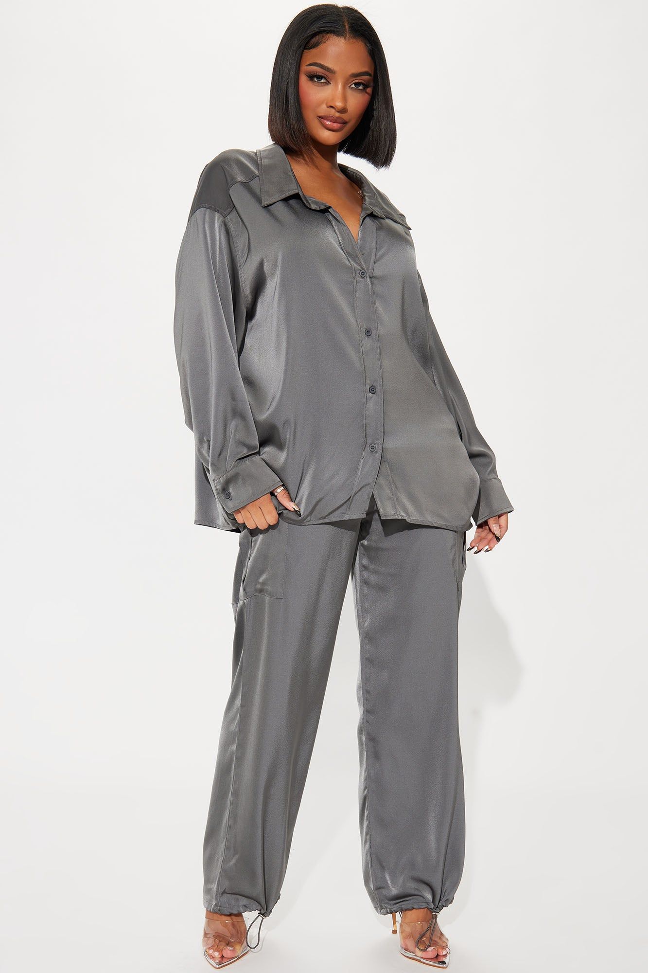 Mic Drop Satin Cargo Pant Set - Grey sold by Fashion Nova