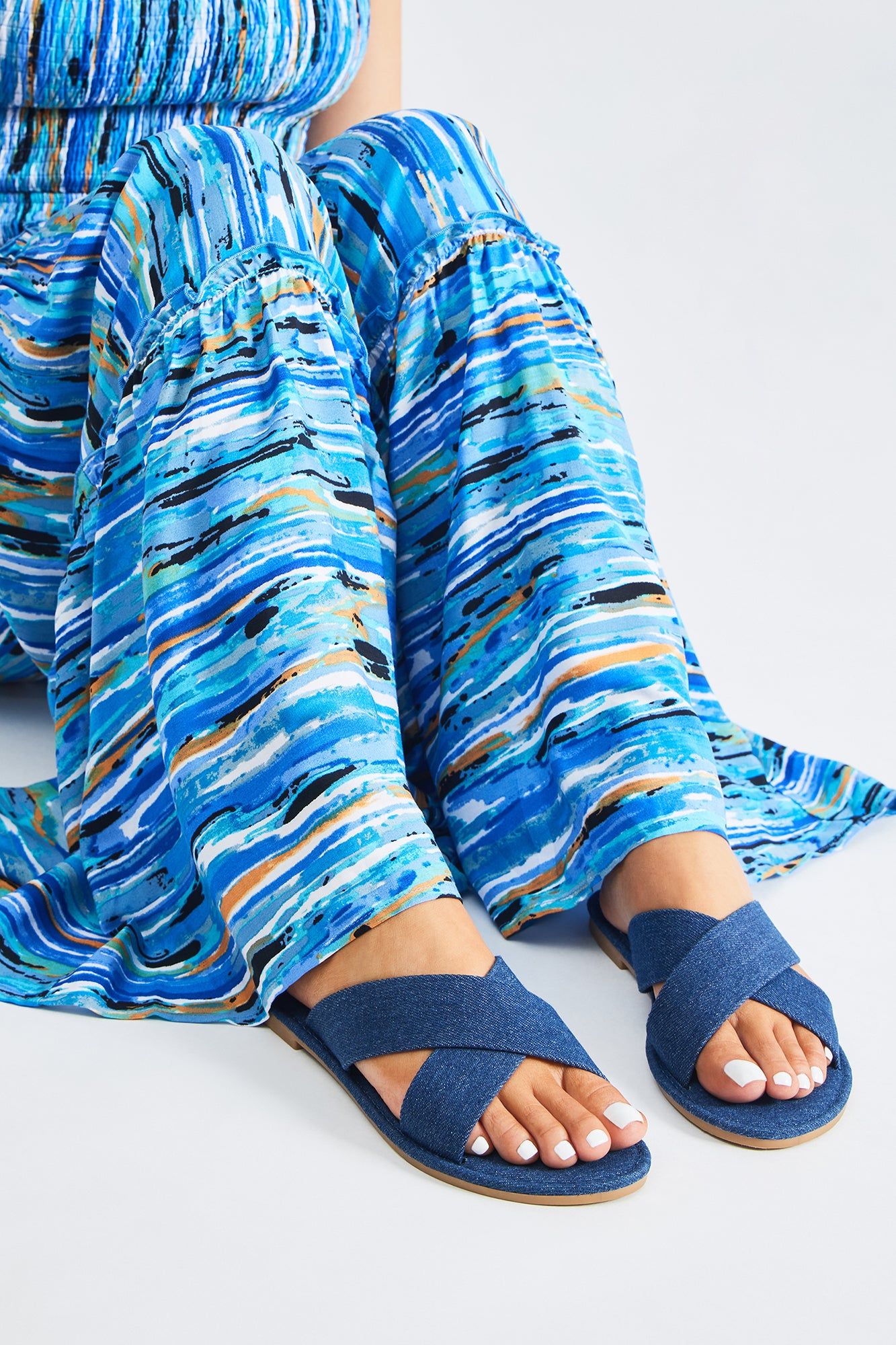 Always Playing Games Flat Sandals - Dark Denim sold by Fashion Nova