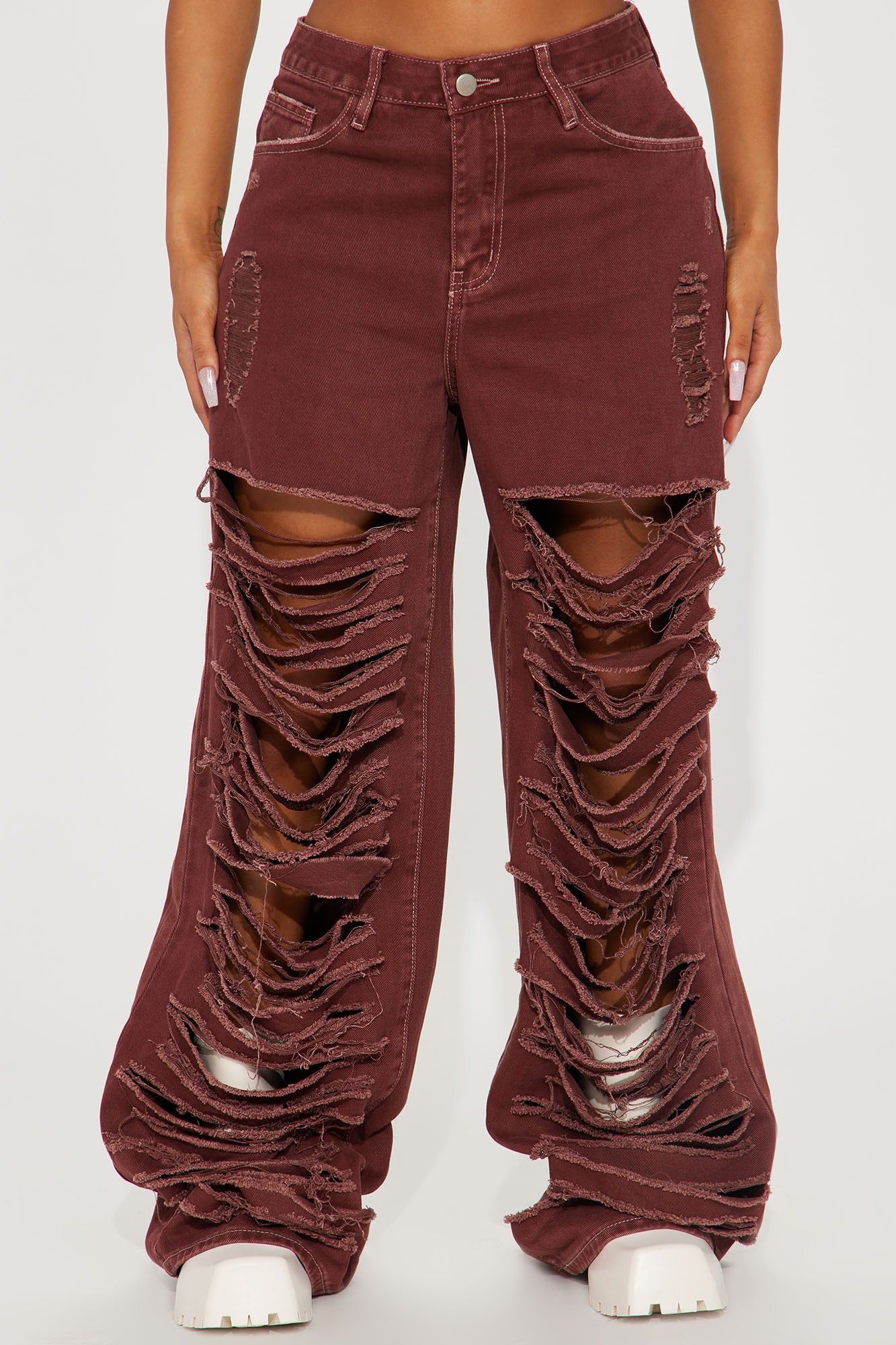 Big Dreams Non Stretch Ripped Wide Leg Baggy Jean - Burgundy sold by Fashion Nova product image thumbnail 2