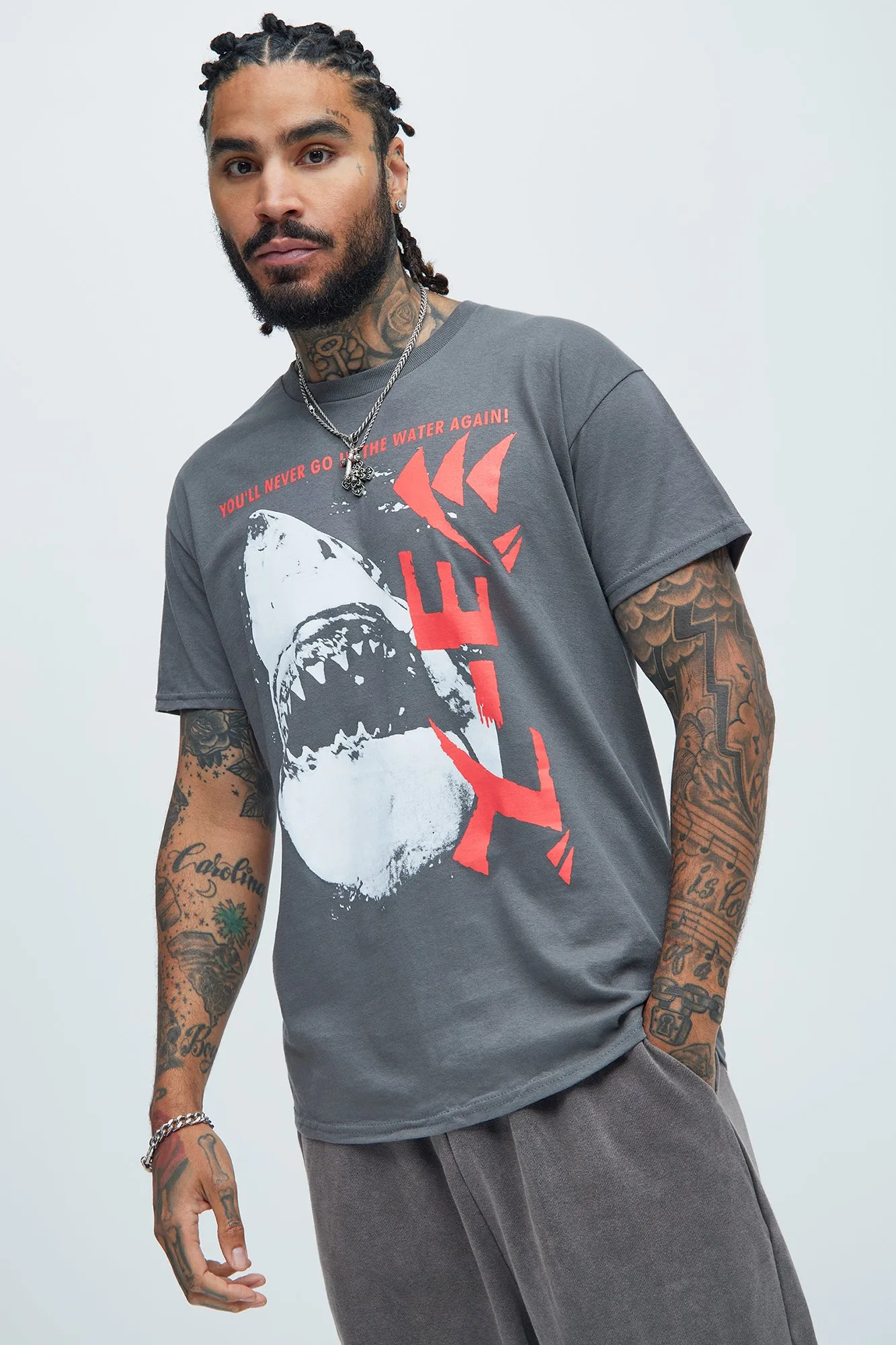 Jaws Attacks Short Sleeve Tee - Charcoal sold by Fashion Nova