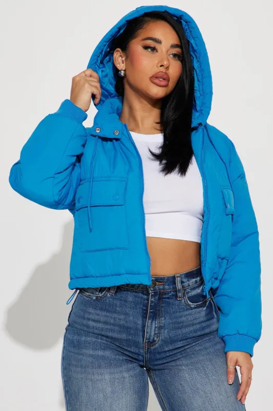 Giving You The Cold Shoulder Puffer Jacket - Aqua made by Fashion Nova