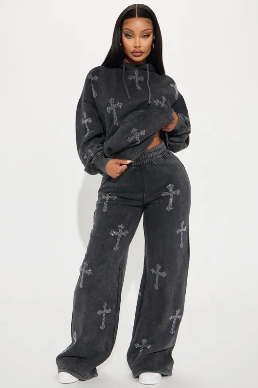 Sunday Rhinestone Washed Wide Leg Pant - Black Wash made by Fashion Nova