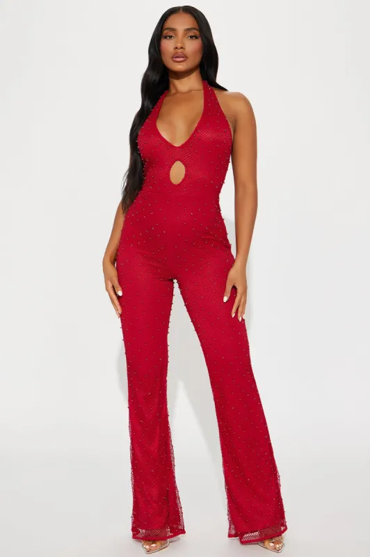 Pearl Dream Embellished Jumpsuit - Red sold by Fashion Nova
