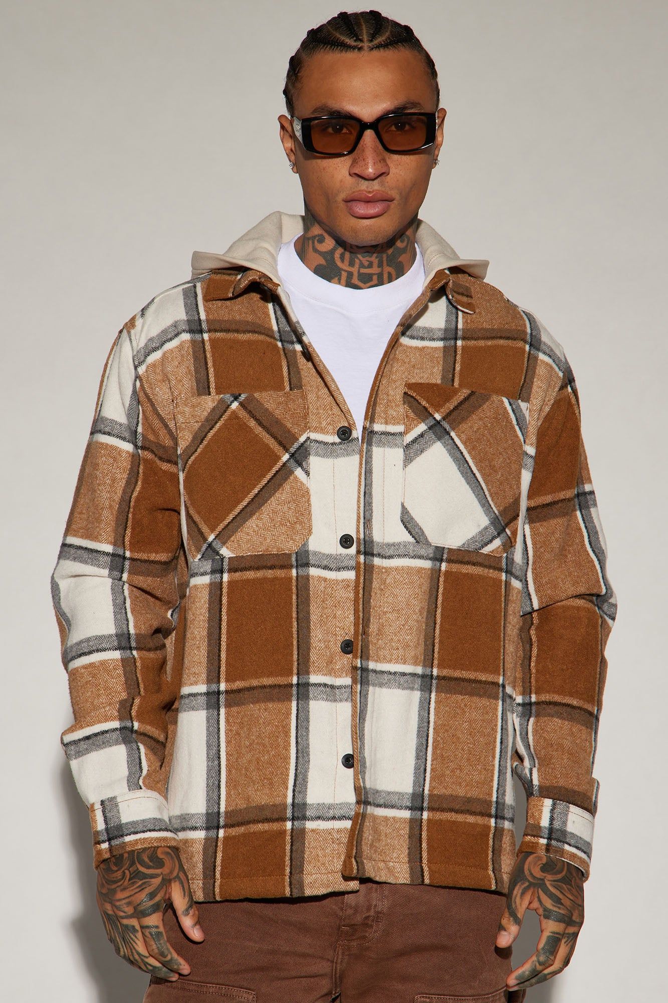 Right Back Hooded Flannel Shacket - Sand/combo sold by Fashion Nova