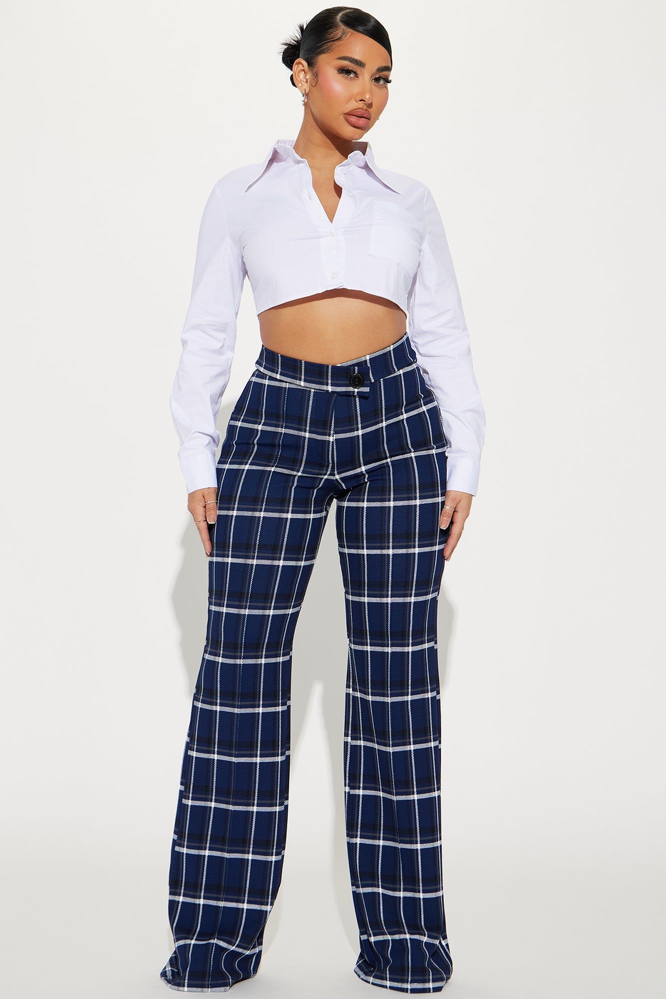 Call It Even Wide Leg Plaid Dress Pant - Navy/combo sold by Fashion Nova