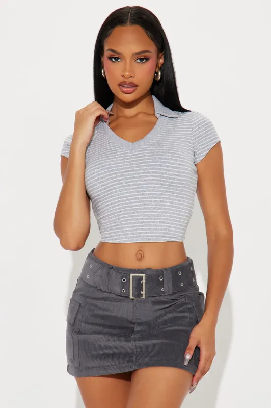 Simi Striped Polo Top - Grey/combo sold by Fashion Nova