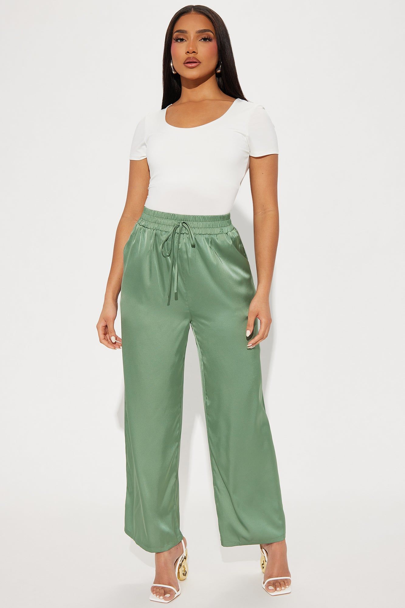 Stacy Satin Wide Leg Pant - Sage sold by Fashion Nova