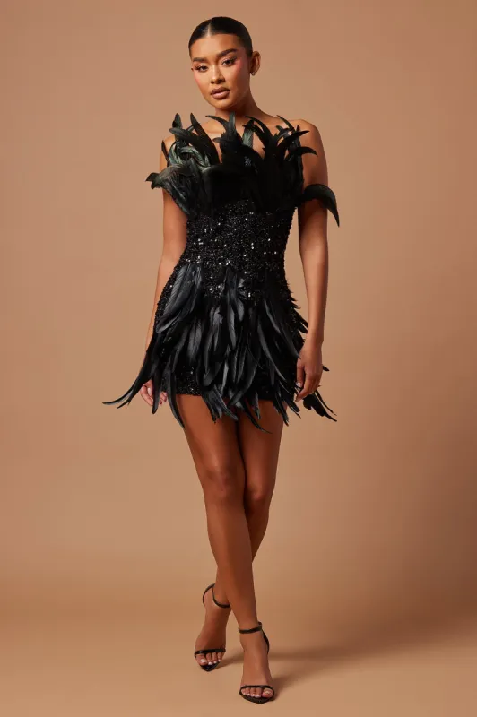Renee Sequin Feather Mini Dress - Black sold by Fashion Nova
