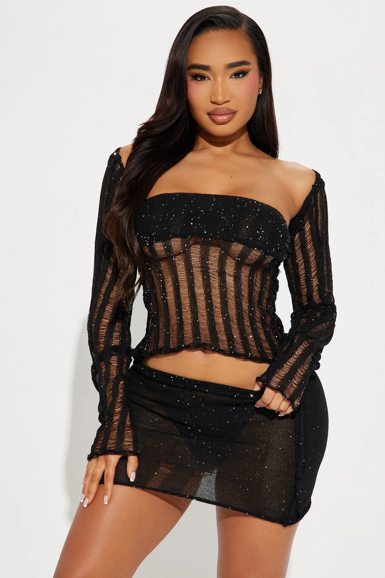 Rae Sequin Crochet 3 Piece Cover Up Skirt Set - Black sold by Fashion Nova