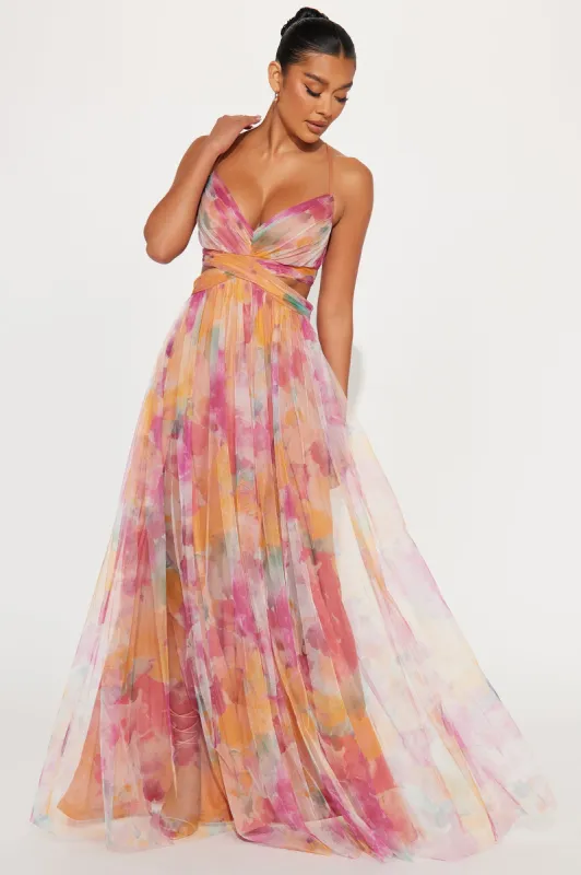 Painting Me Pretty Chiffon Gown - Orange/combo made by Fashion Nova