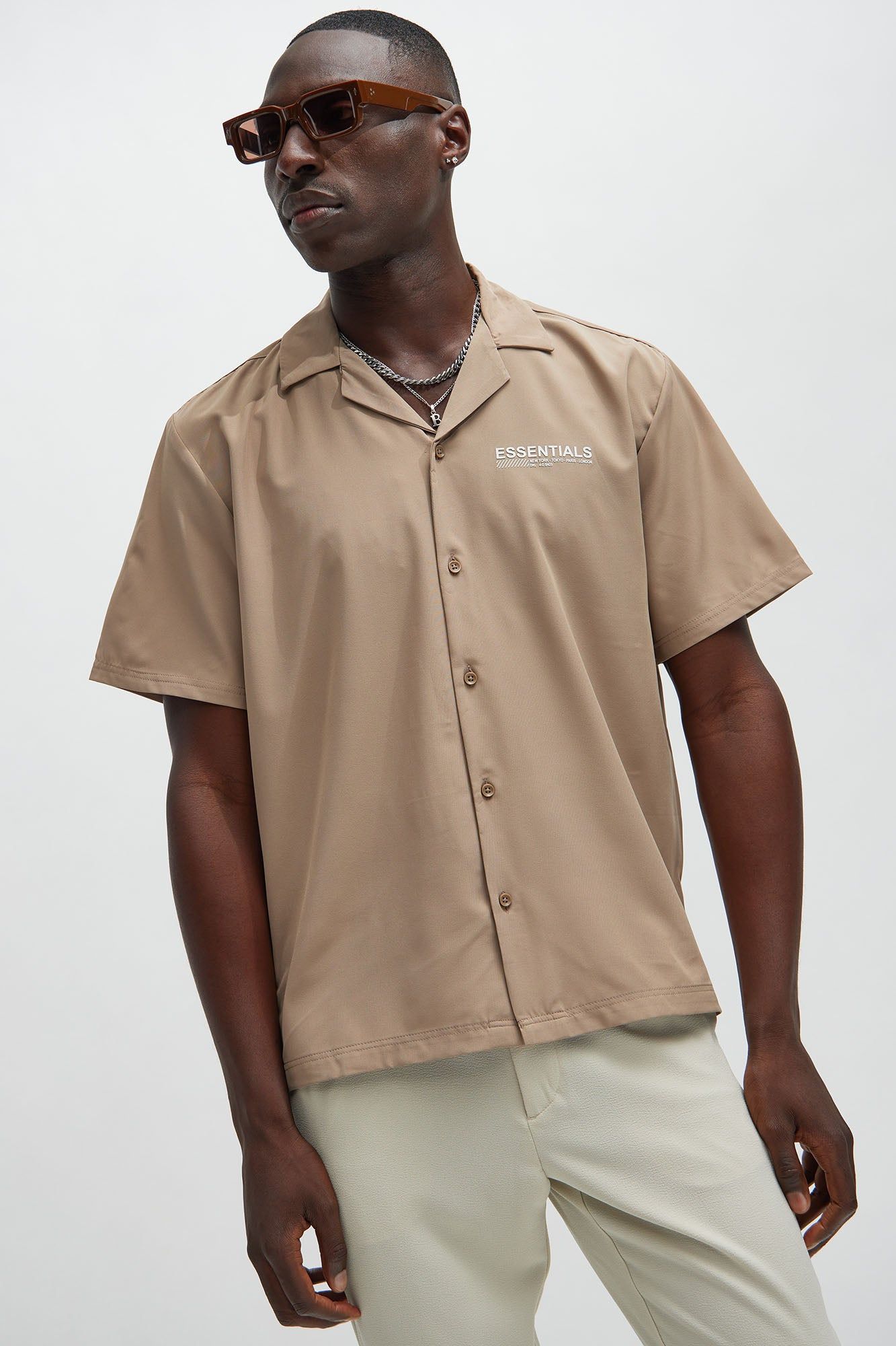 Worldwide Button Up Shirt - Taupe sold by Fashion Nova