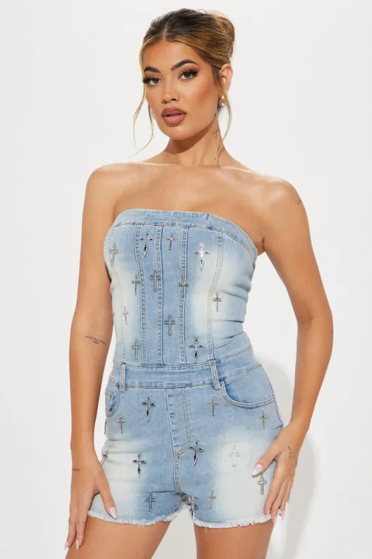 Cross the Line Denim Romper - Light Wash sold by Fashion Nova