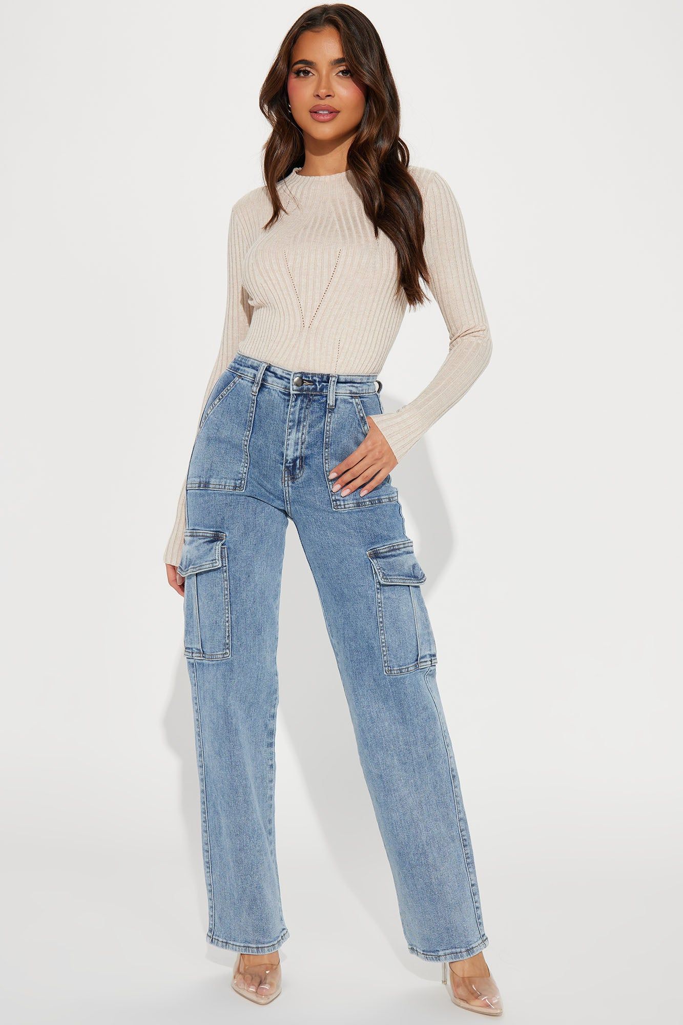 Crowd Pleaser Stretch Cargo Jeans - Medium Wash sold by Fashion Nova