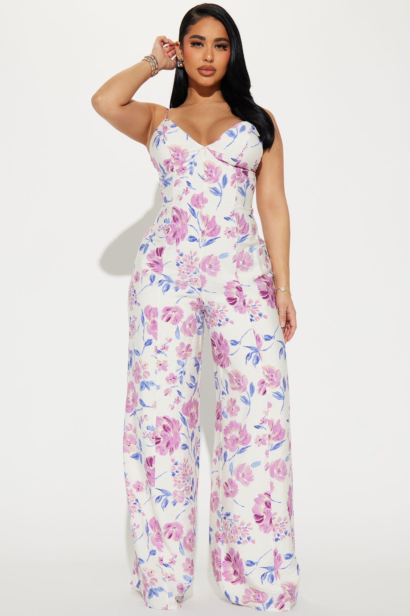 Flower Fields Jumpsuit - White/combo sold by Fashion Nova