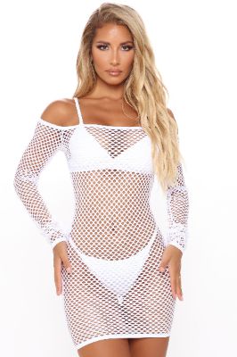 Beach Please Fishnet Dress Cover Up - White sold by Fashion Nova