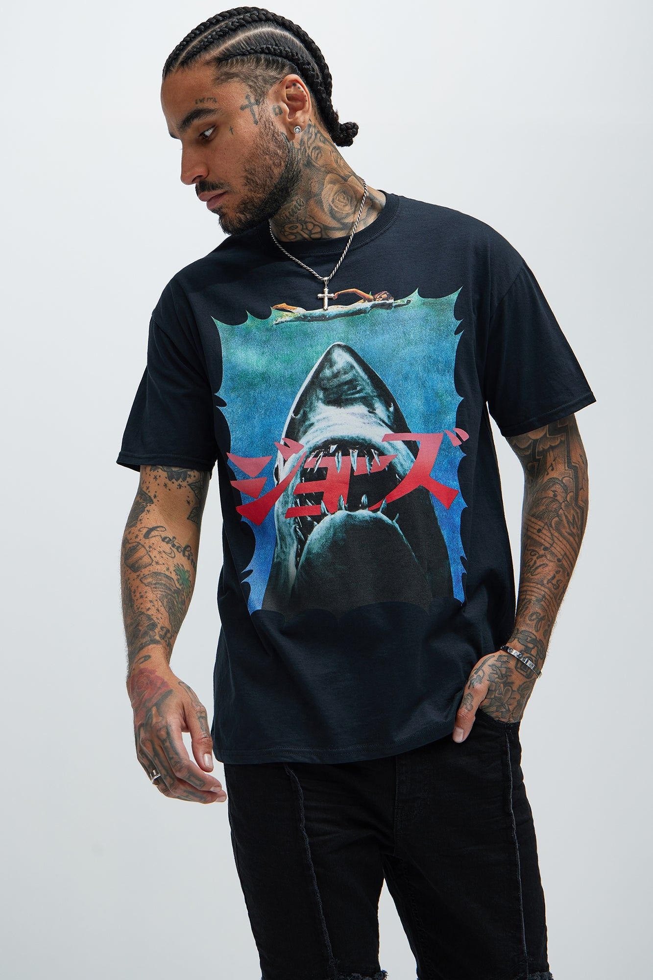 Jaws (In Japanese) Short Sleeve Tee - Black sold by Fashion Nova