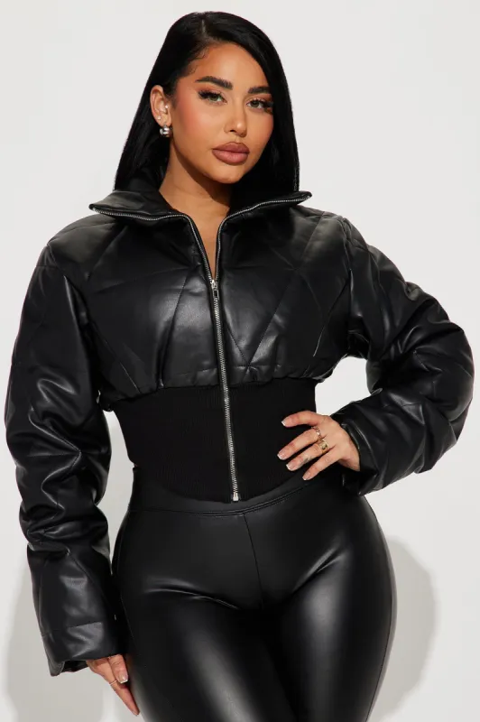 It's The Lifestyle Faux Leather Puffer Jacket - Black sold by Fashion Nova