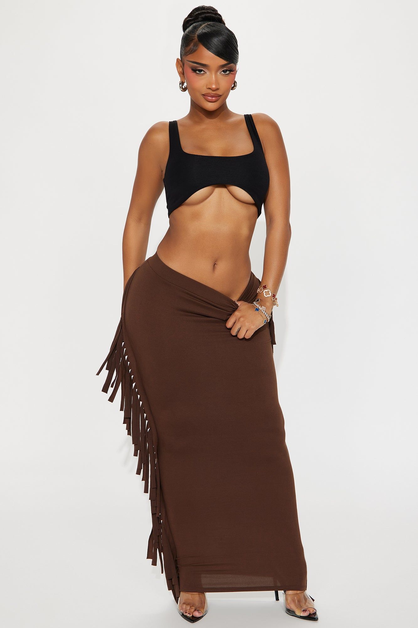 Going Places Fringe Maxi Skirt - Chocolate sold by Fashion Nova