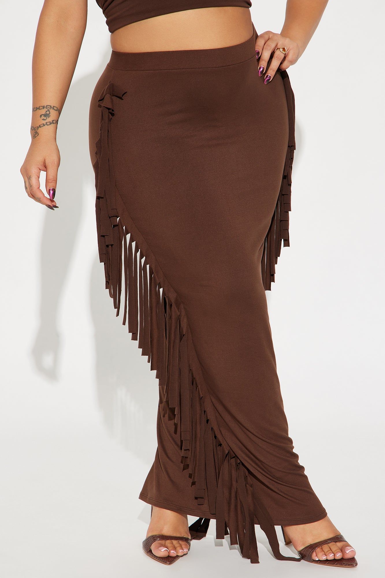 Going Places Fringe Maxi Skirt - Chocolate sold by Fashion Nova product image thumbnail 5