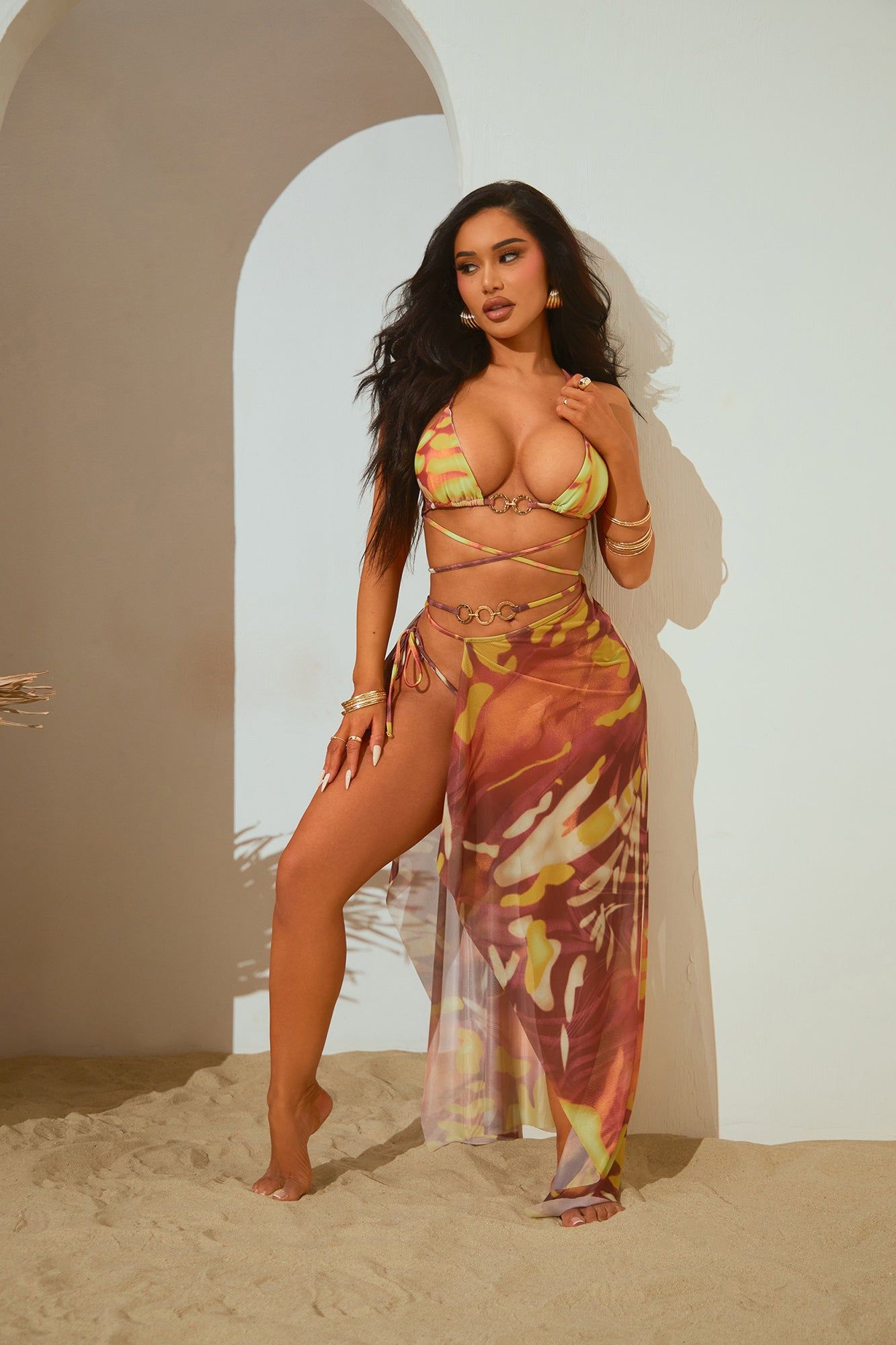 Caria 3 Piece Bikini Set - Orange/combo sold by Fashion Nova