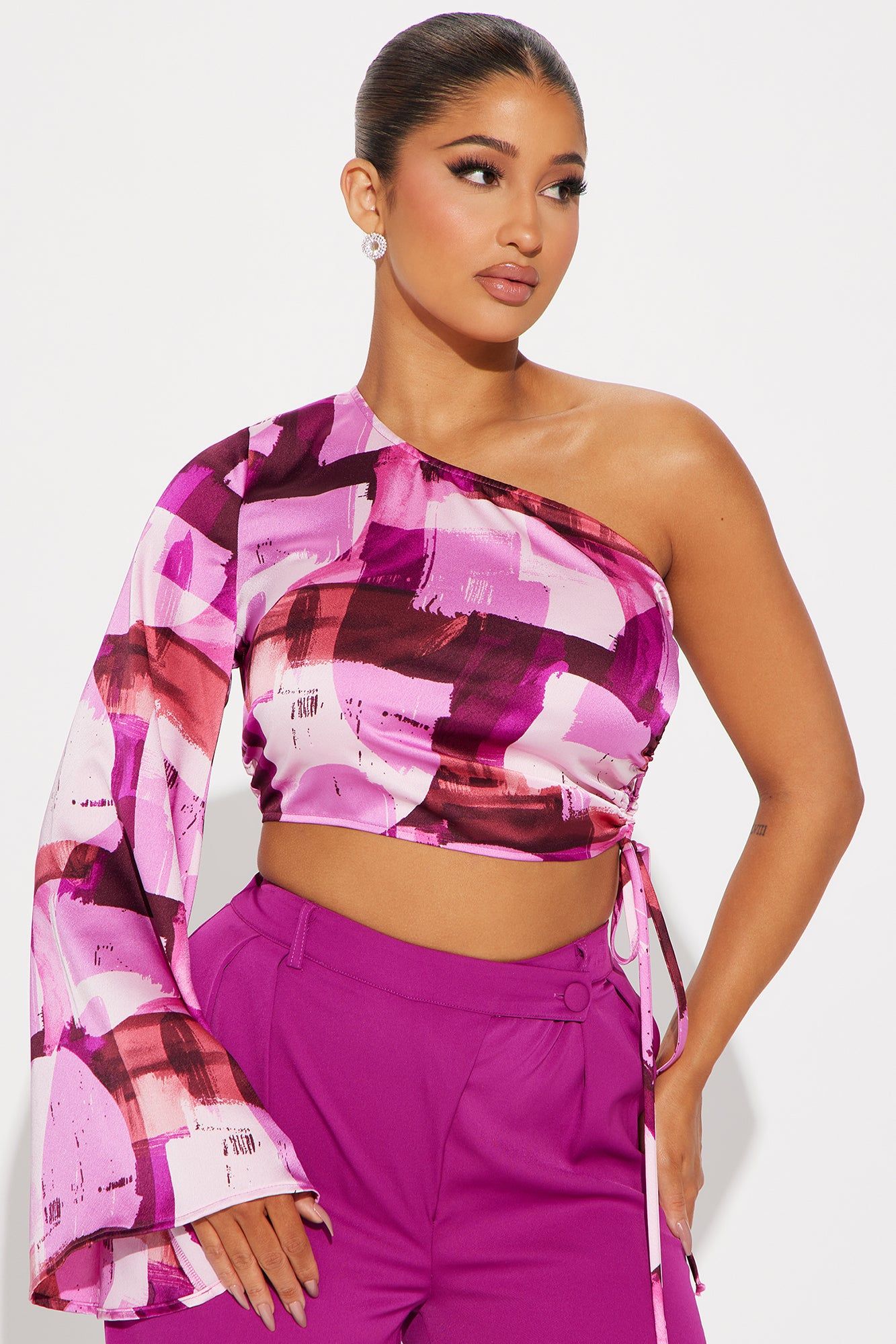 Artistic Feel Satin Blouse Top - Fuchsia/combo sold by Fashion Nova