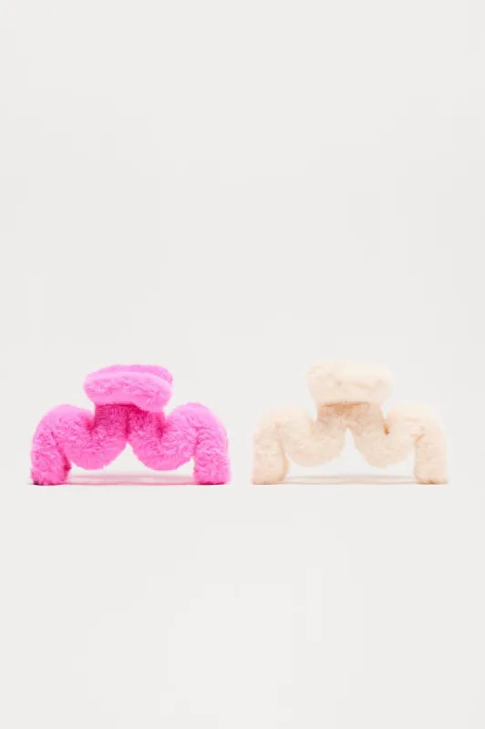 Fuzzy 2 Piece Claw Clip Set - Pink/combo sold by Fashion Nova