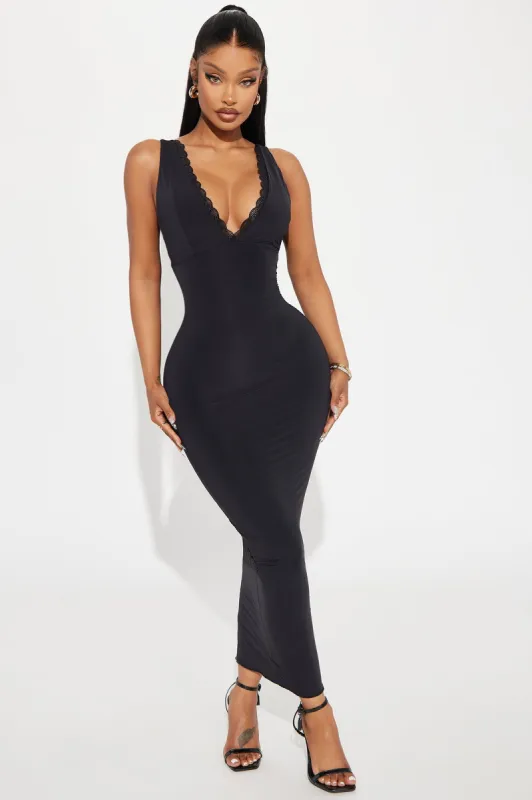 Love Or Lust Lace Trim Midi Dress - Black sold by Fashion Nova