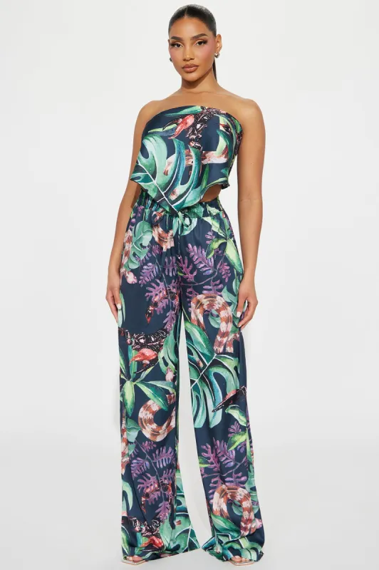 Tropical Babe Satin Pant Set - Black/combo sold by Fashion Nova