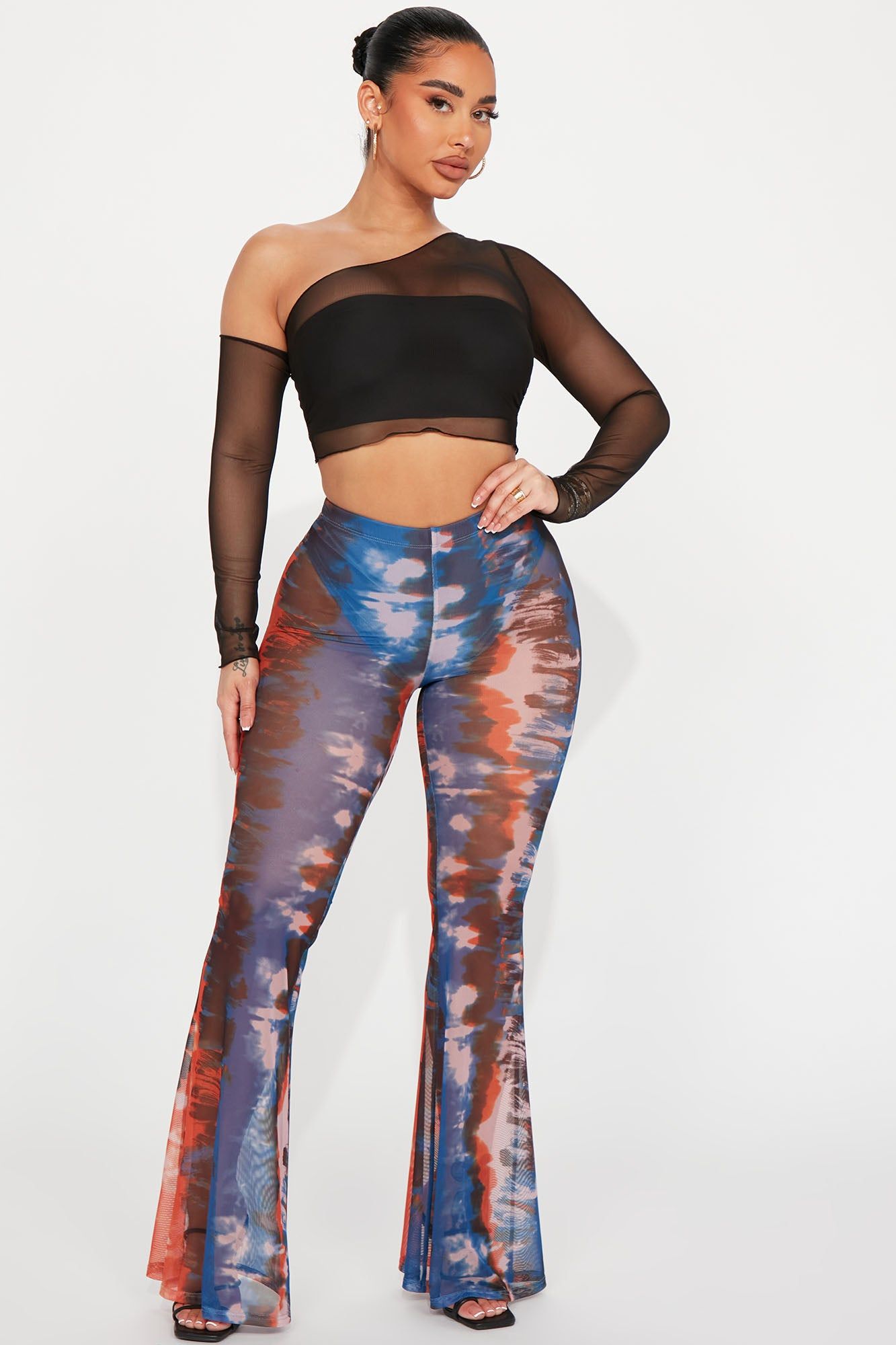 Cali Sunsets Printed Mesh Flare Pant - Orange/combo sold by Fashion Nova