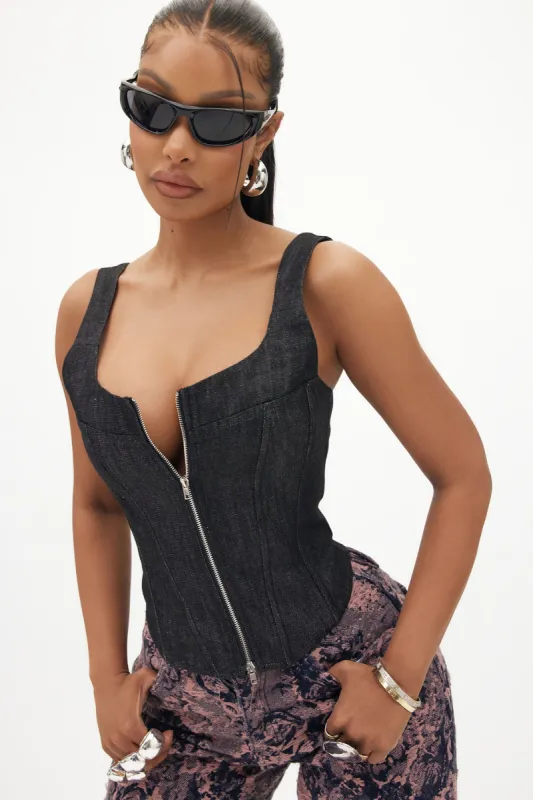 Day To Night Denim Corset Top - Black Wash sold by Fashion Nova