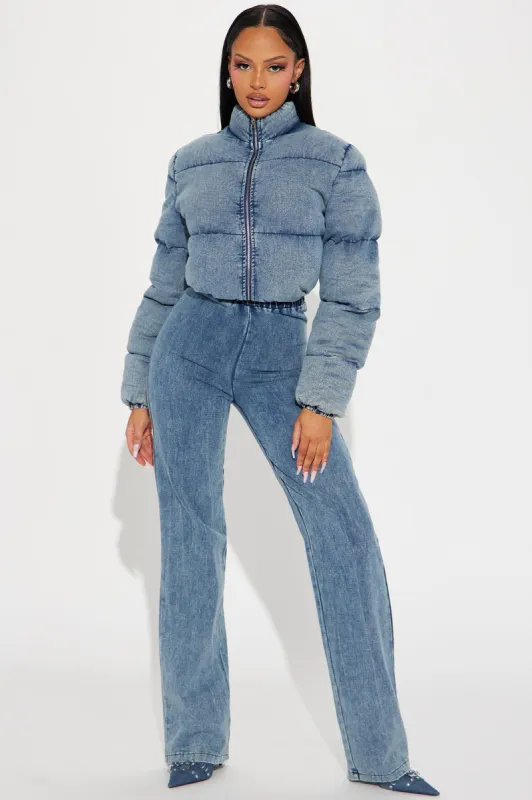 Park Place Puffer Denim Jumpsuit - Light Wash sold by Fashion Nova