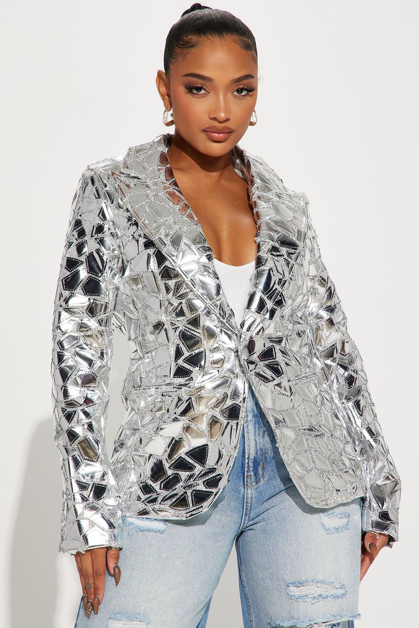Glossed Up Boyfriend Blazer - Silver sold by Fashion Nova