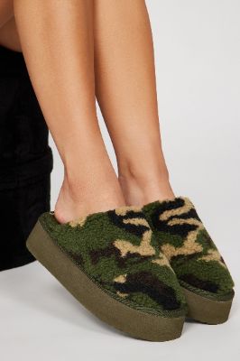 Let's Get Comfy Platform Slippers - Camouflage sold by Fashion Nova