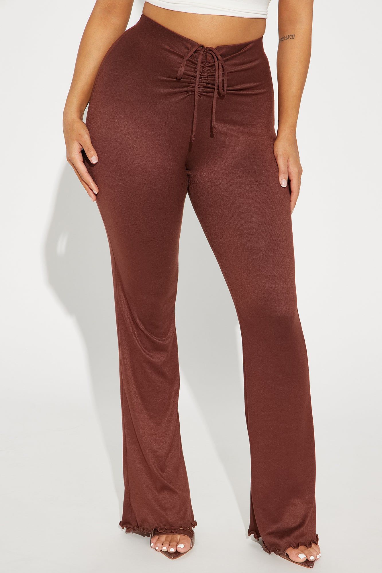 Alana Ruched V Front Flare Pant - Chocolate sold by Fashion Nova