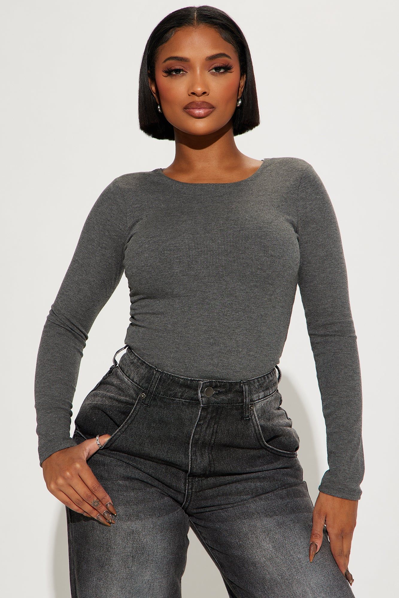 Brandi Long Sleeve Top - Charcoal sold by Fashion Nova