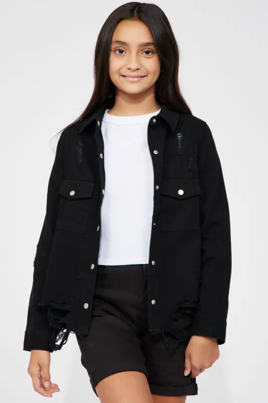 Mini Lola Distressed Twill Jacket - Black sold by Fashion Nova