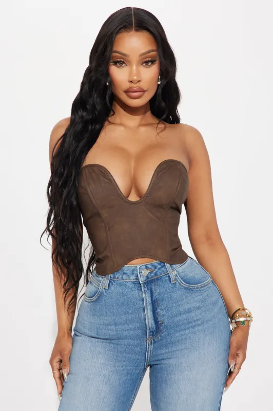 Rough Rider Washed Faux Leather Corset Top - Brown sold by Fashion Nova