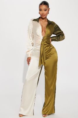 Beauty In A Bottle Satin Jumpsuit - Olive/combo sold by Fashion Nova