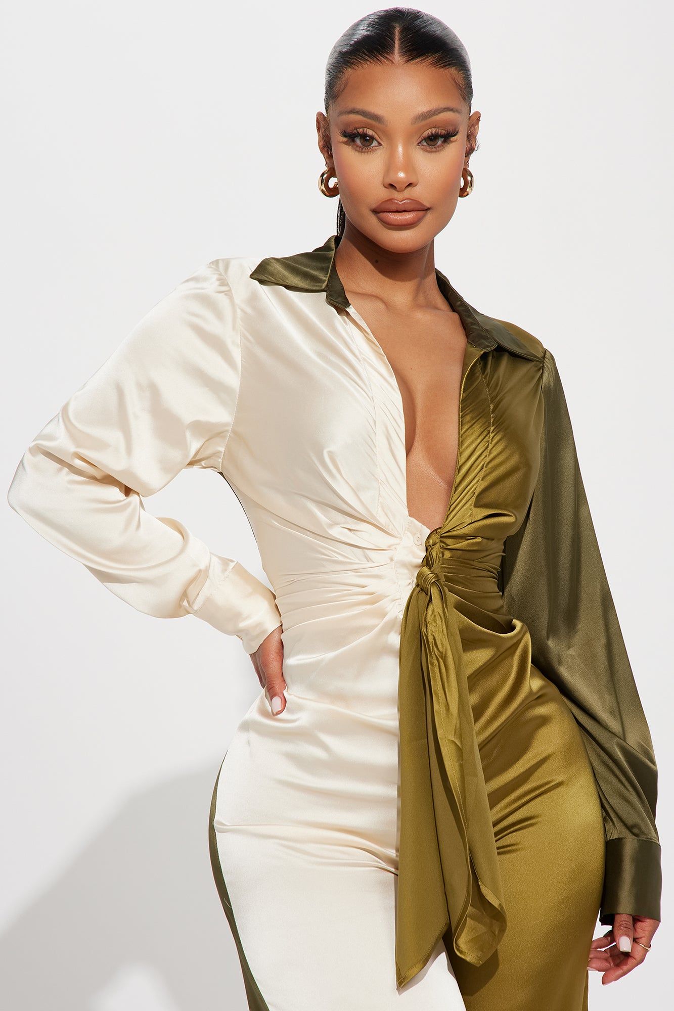 Beauty In A Bottle Satin Jumpsuit - Olive/combo sold by Fashion Nova product image thumbnail 2