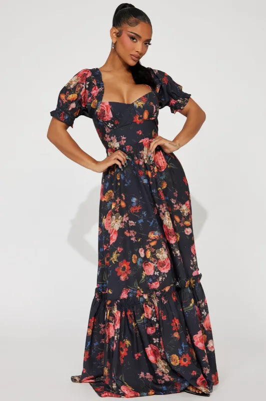 Kelly Puff Sleeve Maxi Dress - Black/combo sold by Fashion Nova