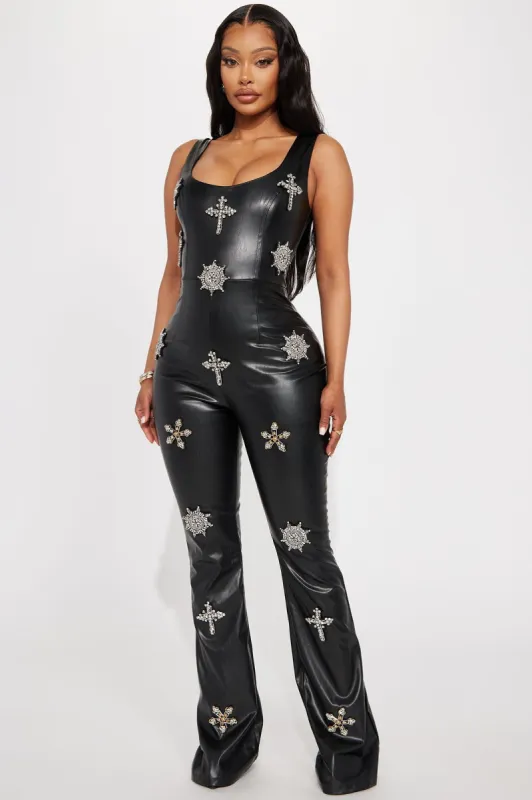 Dolce Faux Leather Jumpsuit - Black sold by Fashion Nova