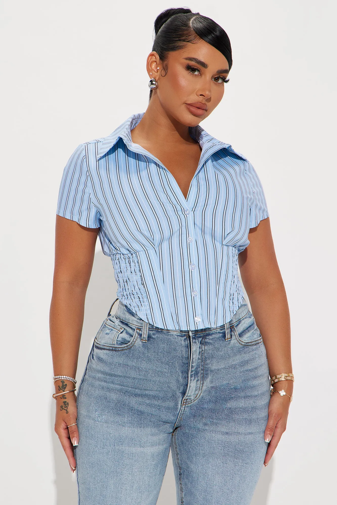 Endless Talks Short Sleeve Striped Corset Top - White/Blue sold by Fashion Nova