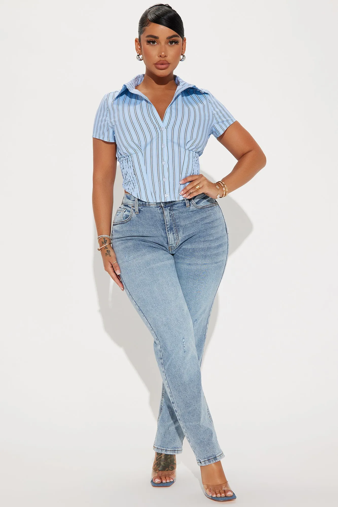 Endless Talks Short Sleeve Striped Corset Top - White/Blue sold by Fashion Nova product image thumbnail 2