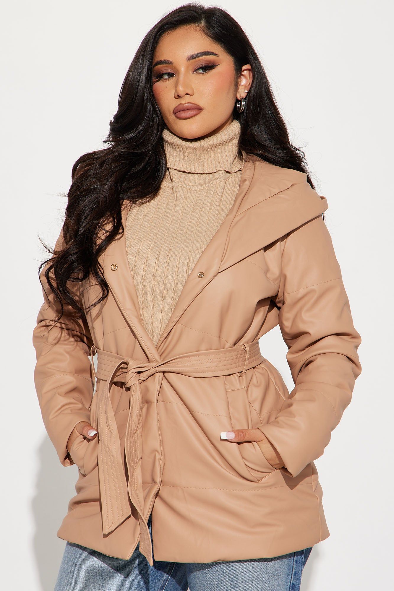 Let It Happen Faux Leather Puffer - Taupe sold by Fashion Nova