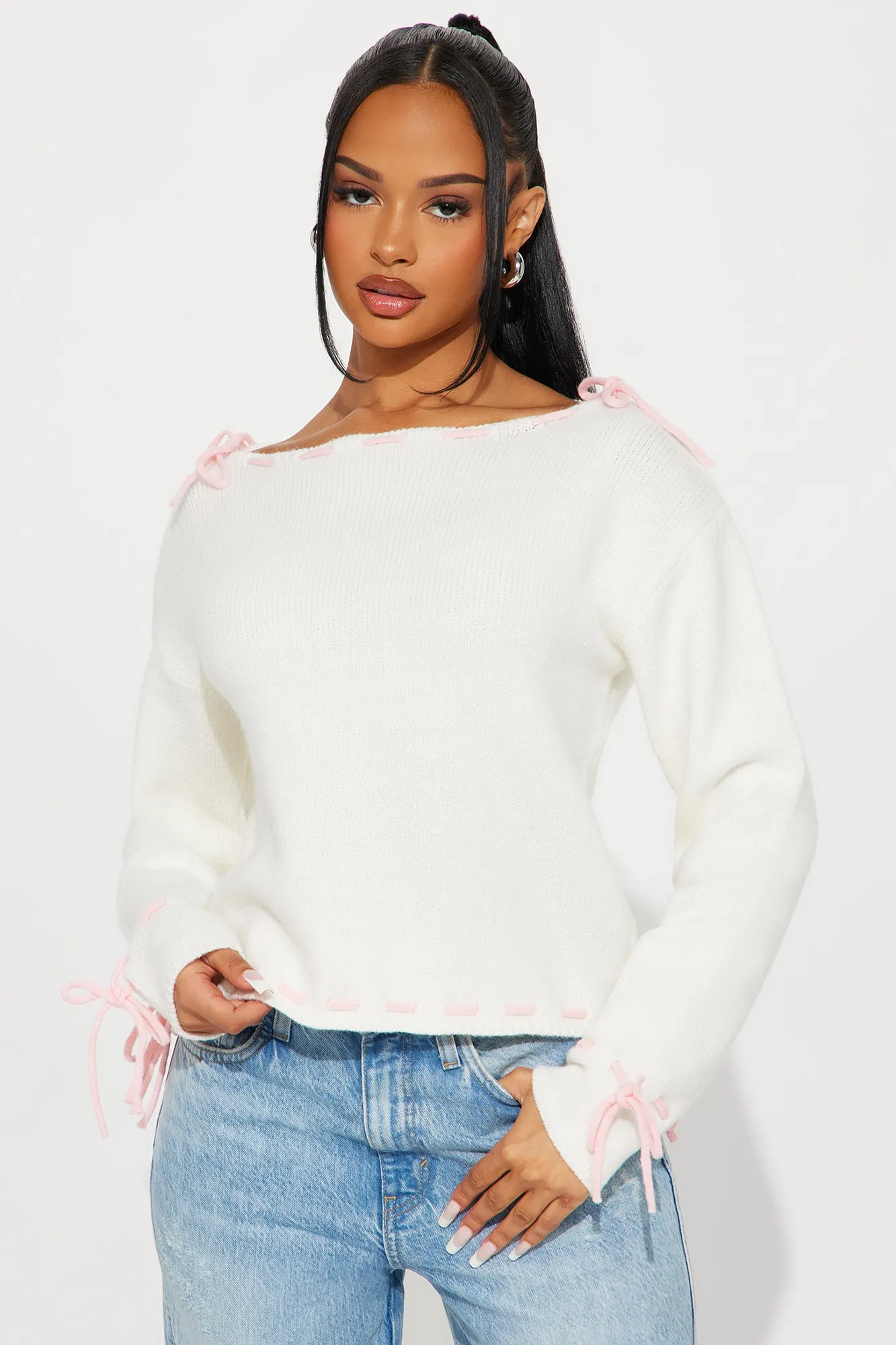 Sweetest Love Bow Sweater - Ivory/combo sold by Fashion Nova