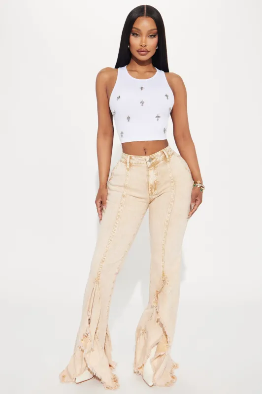 Break Free Ruffled Flare Pant - Tan sold by Fashion Nova