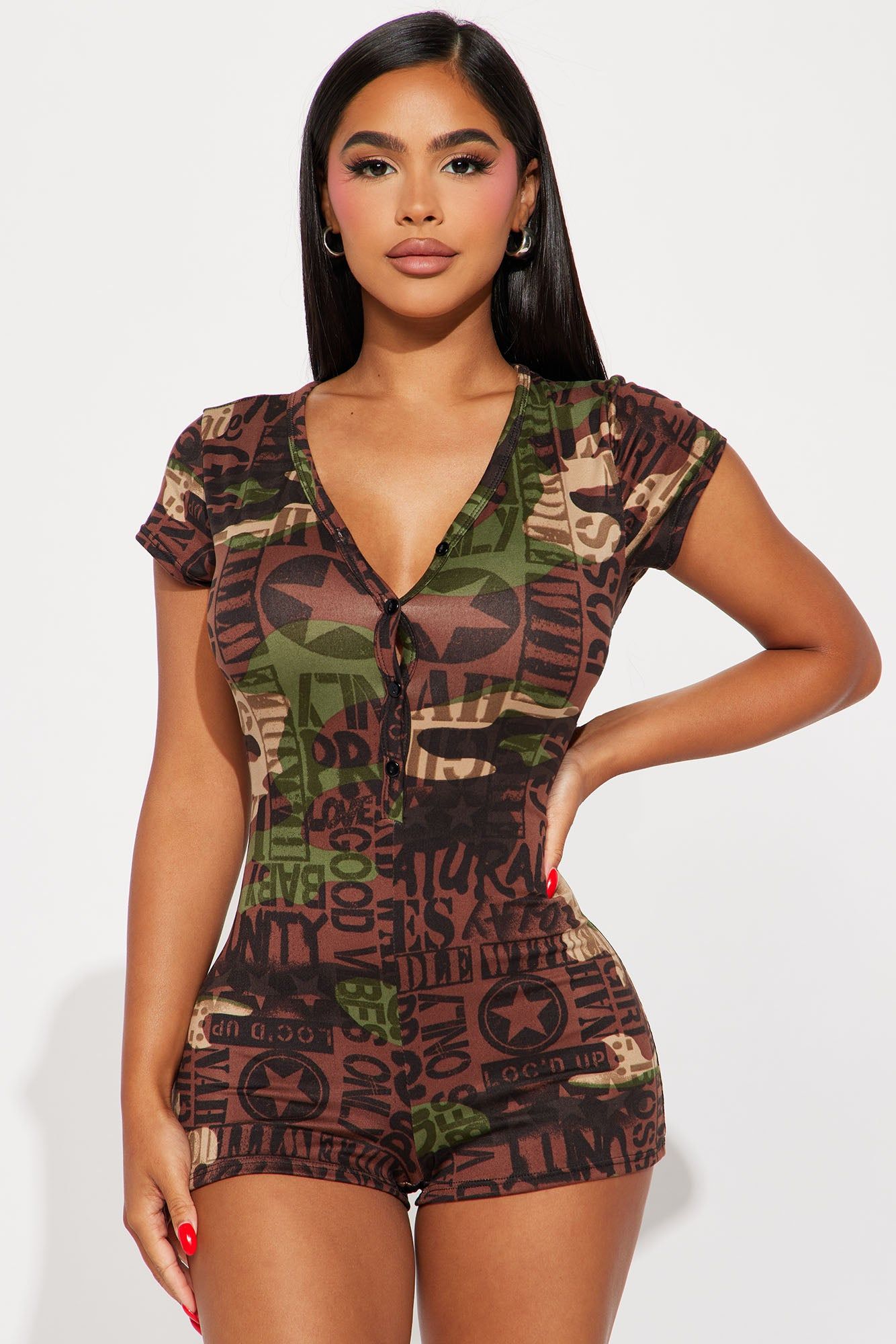 Never Leaving This Bed PJ Romper Onesie - Camouflage sold by Fashion Nova